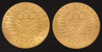 Zwei mal Österreich 1000 Schilling Babenberger GoldmünzeJe 13,5 g. 27 x 1,6 mm.