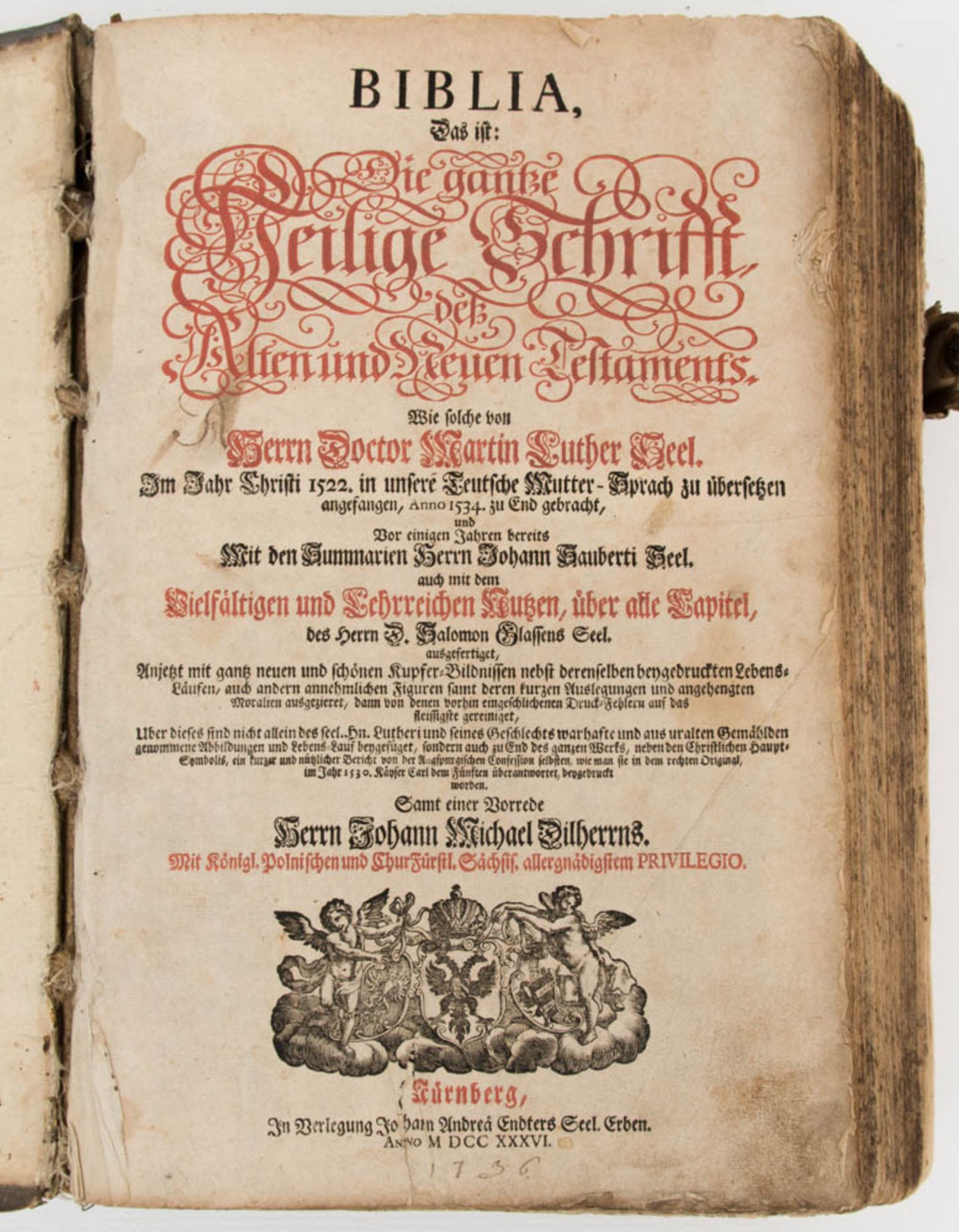 Illustrierte Dilherr-Bibel, Endter-Verlag, Nürnberg, 1736.Die ganze heilige Schrift des Alten und - Bild 2 aus 7