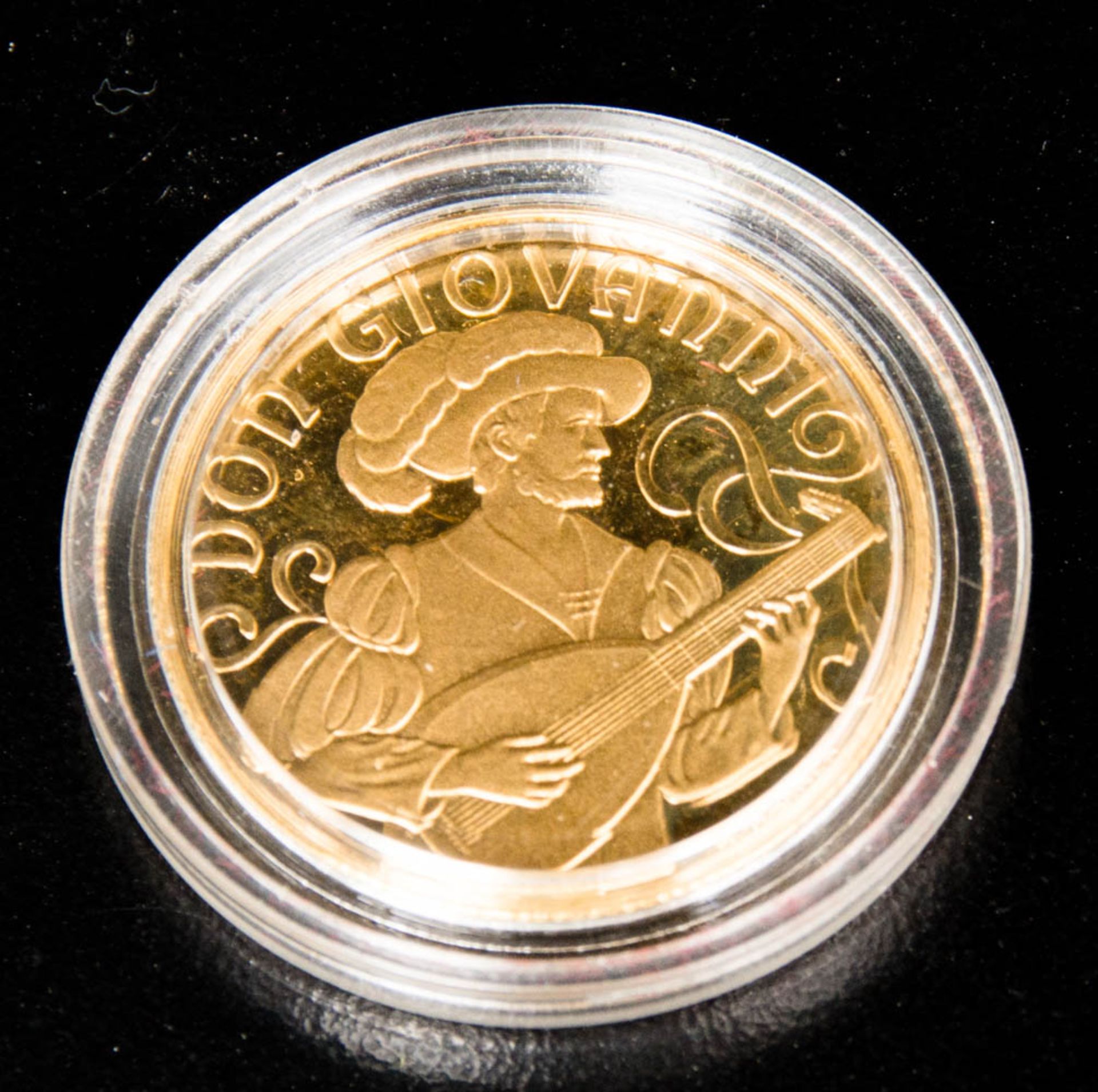 Mozart Gedenkmünze, 500 Schilling, Gold.986er Feingold.8 g. 22 mm Durchmesser.In Schatulle mit