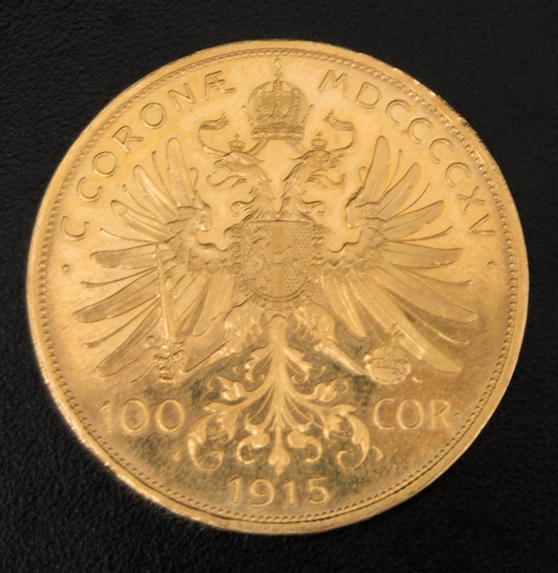 Franz Josef I. 100 Corona Goldmünze 1915.Material: Gold.Gewicht: 33.80 g.Feingehalt: 900 % (