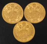 3 Franz Josef Dukaten, Einfach.986er Gold, 3 Stück, sehr guter Zustand. Durchmesser: 19,75 mm.