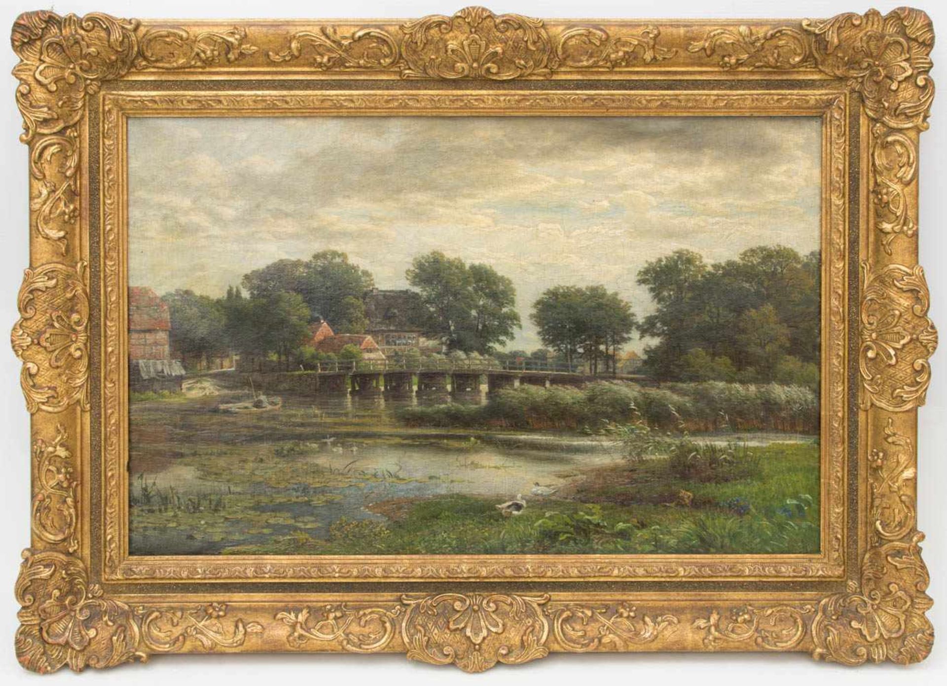 Carl Rodeck, Wasserlandschaft mit Brücke und Häusern, Öl auf Leinwand 1871.Carl Rodeck (1841 -