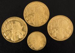 4 Goldmünzen Wiener Philharmoniker.1/25 Unze, 200 Schilling 3,1 g.Drei mal 500 Schilling Münze à 7,8
