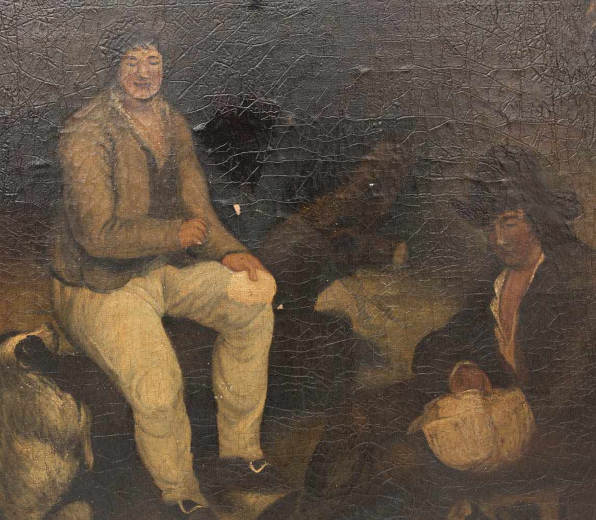 Zwei Männer bei der Rast, Öl auf Platte.Starkes Krakelée, nicht signiert. 34 x 43 cm o.R.42 x 51 - Bild 2 aus 4