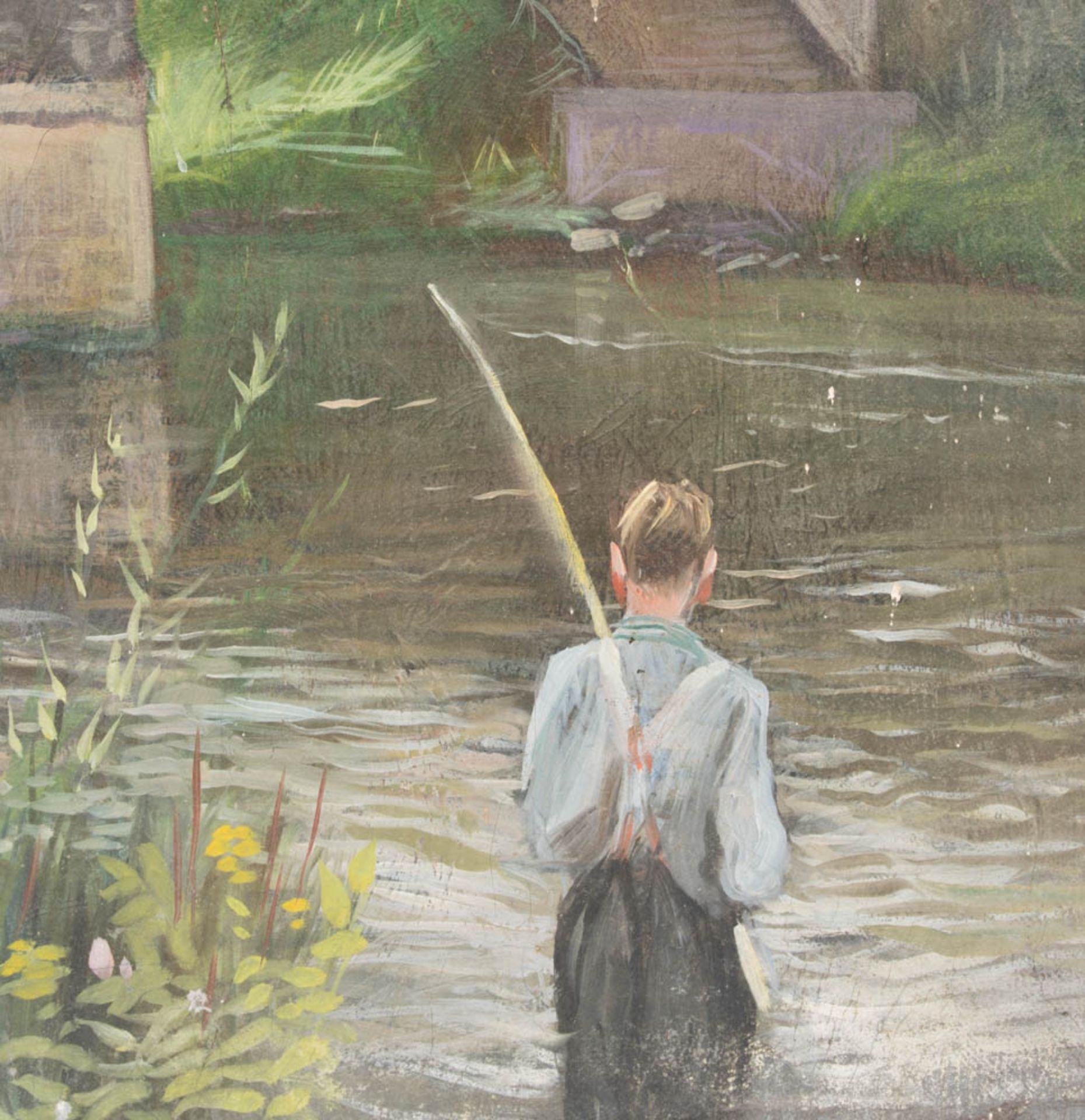 Fischender Junge bei der Brücke, Öl auf Leinwand, 20. Jh. - Bild 2 aus 6