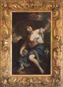 Darstellung der büßenden Maria Magdalena, großformatig in prachtvollem Vollholzrahmen gefasst,