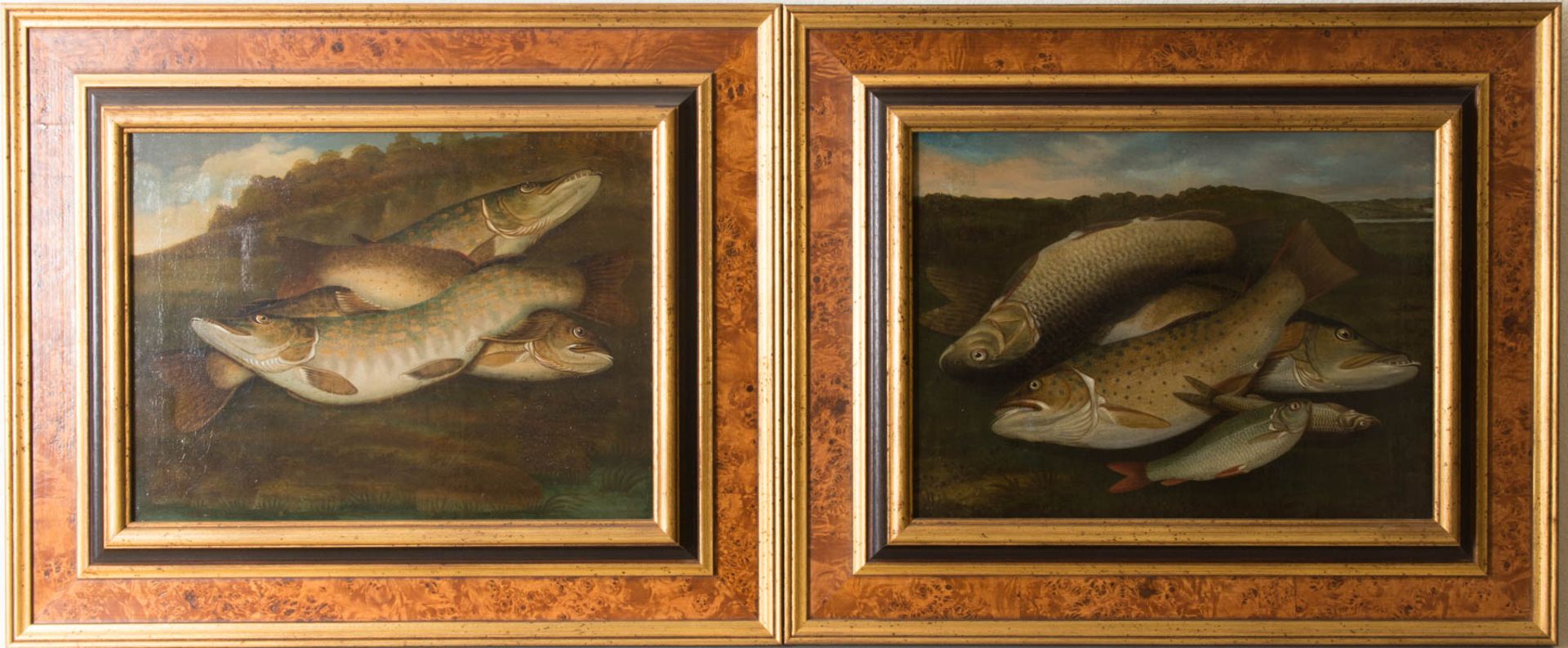 Paar Stillleben mit Fischen, Öl auf Leinwand, 19. Jh.