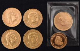 Konvolut Goldmünzen 6 Stck. 4x 20 Mark, 2 Rand, 1 Rand.