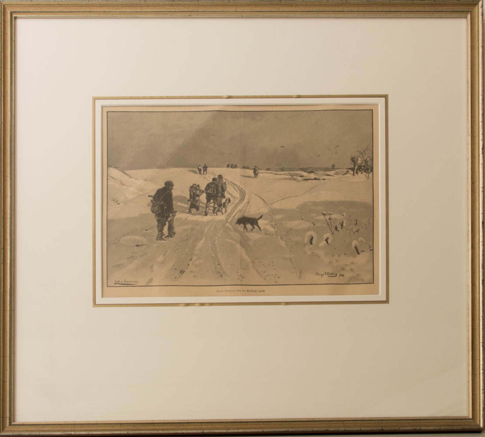 Zwei Landschaften mit Hunden und Männern, Lithografie, 19. Jh. - Bild 2 aus 3