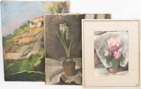 Drei florale Kompositionen, Acryl auf Leinwand und Papier, 20. Jh.