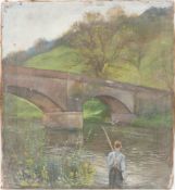 Fischender Junge bei der Brücke, Öl auf Leinwand, 20. Jh.