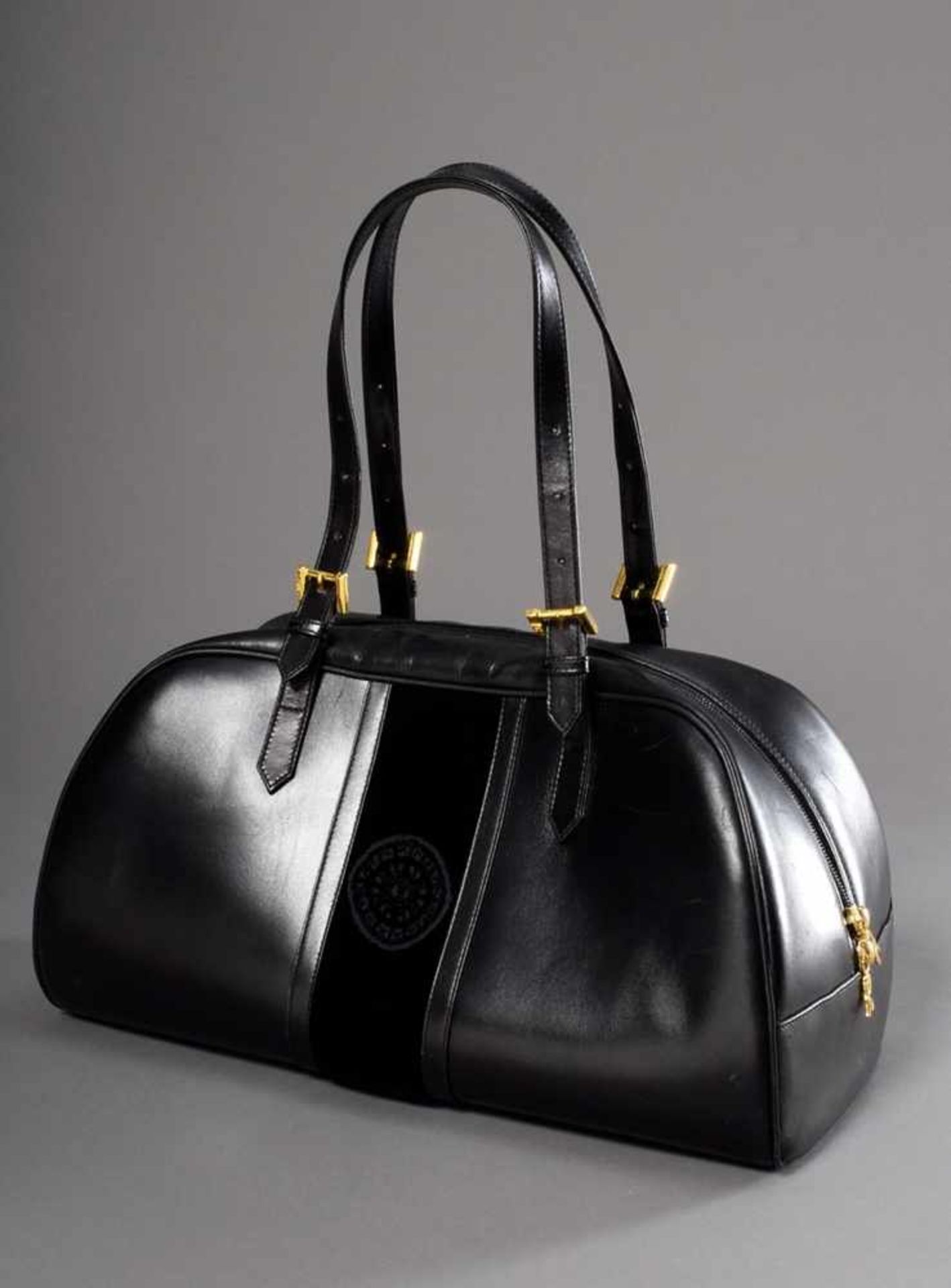 Roberta ladies handbag in black leather/velvet, 20x38x19cm, slight signs of use