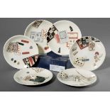 6 Gien plates with different print decorations "Jeux", 20th century, Ø 17cm<