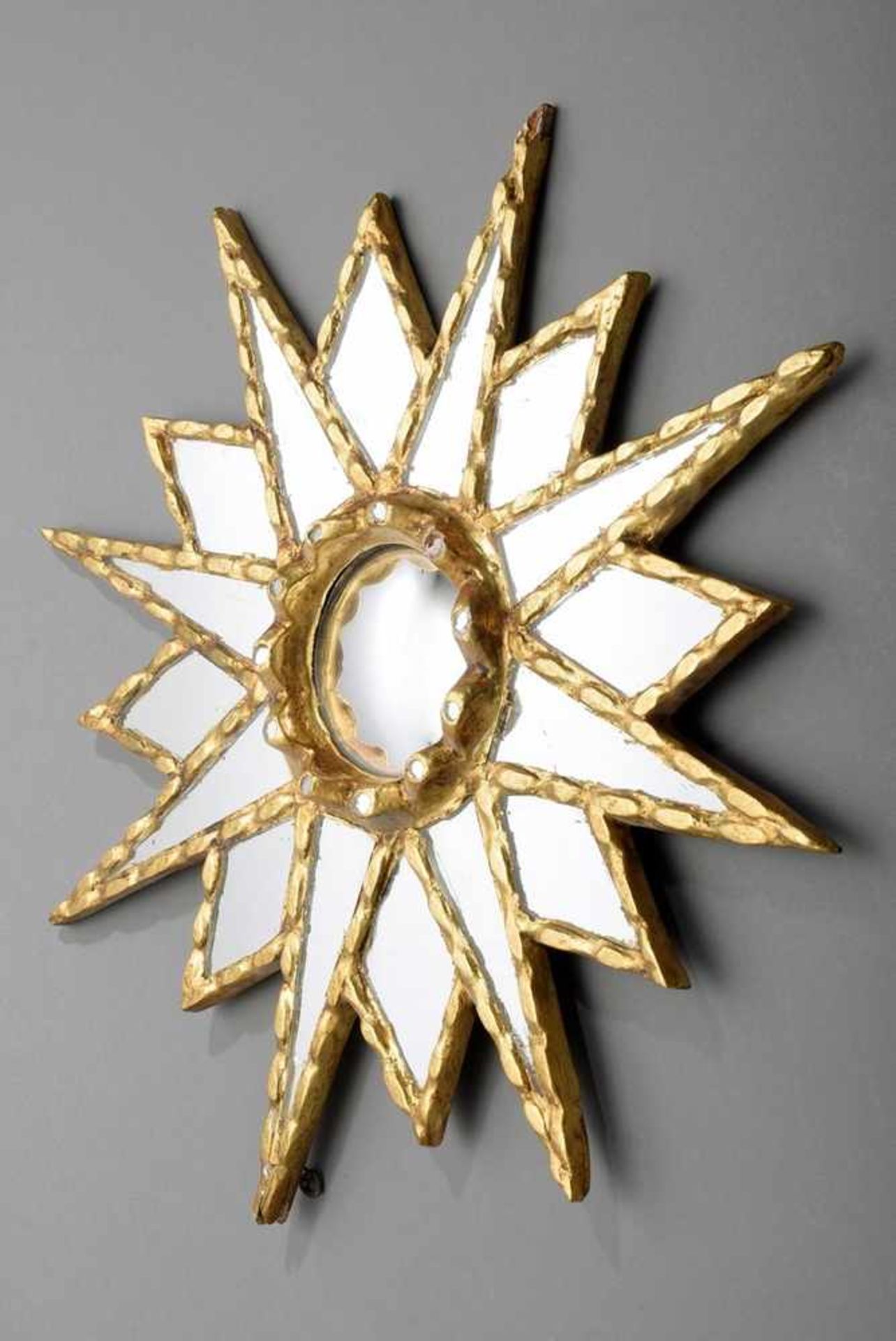 Small Midcentury mirror "Star", wood and plaster, gold plated, 48x46cm, small defects
