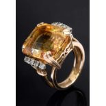 Delicate RG 750 ring with citrine (ca.15ct) and octagonal diamonds (add. ca. 0.10ct/SI/W), 10,2g,