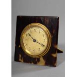 Small alarm clock in tortoise shell frame, metal, movement untested, 7x7cm