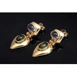 Pair of GG 585 earrings with tourmaline and tanzanite cabochons, 6,2g, l. 2,6cm