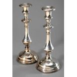 Pair of simple candlesticks, silver plated, h. 28cm, restored