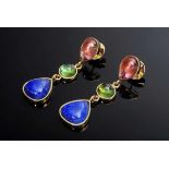 pair of modern GG 585 earrings with tourmalines and lapis lazuli, 8,9g, l. 4,1cm