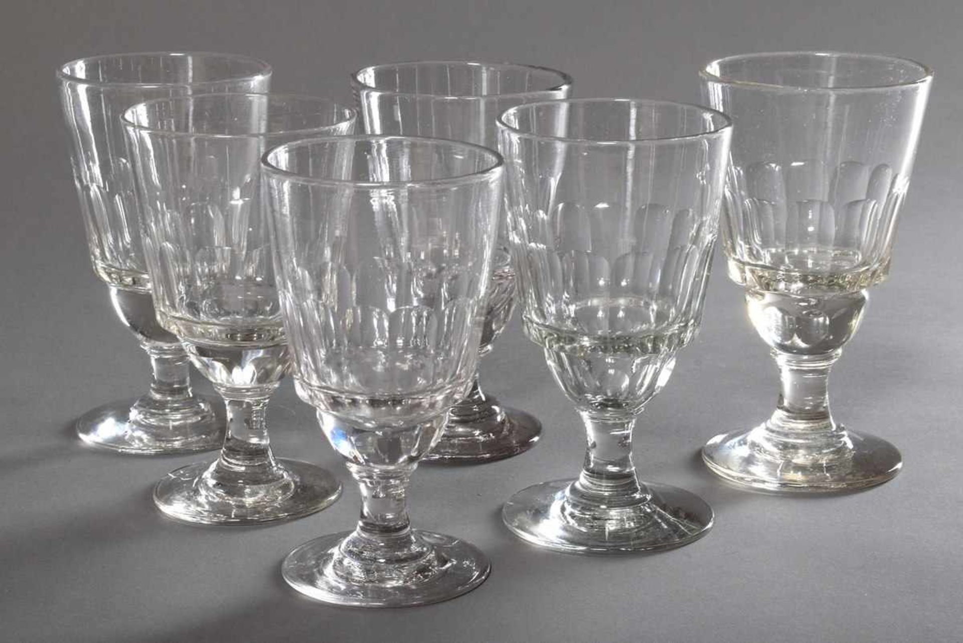 6 rustic wine glasses with half facet cut, h. 14-15cm, shape slightly varying