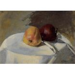 Reuter, E. (?) "Two apples", oil/cardboard, signed on the right, 24x33cm (w.f. 36x45cm)