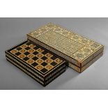 2 Various richly inlaid North African backgammon games, 7,5x37x18/8,5x50x25cm