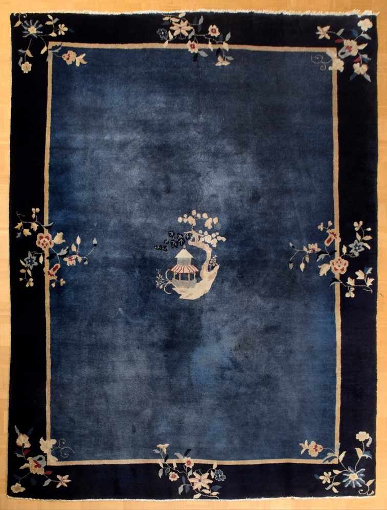 Large Beijing carpet with floral pattern, blue/beige, 277x362cm