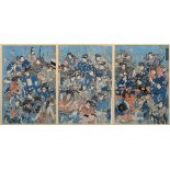 Ichiyusai Kuniyoshi (1797-1861) Japanese triptych "Famous warriors", woodblock print, signed,