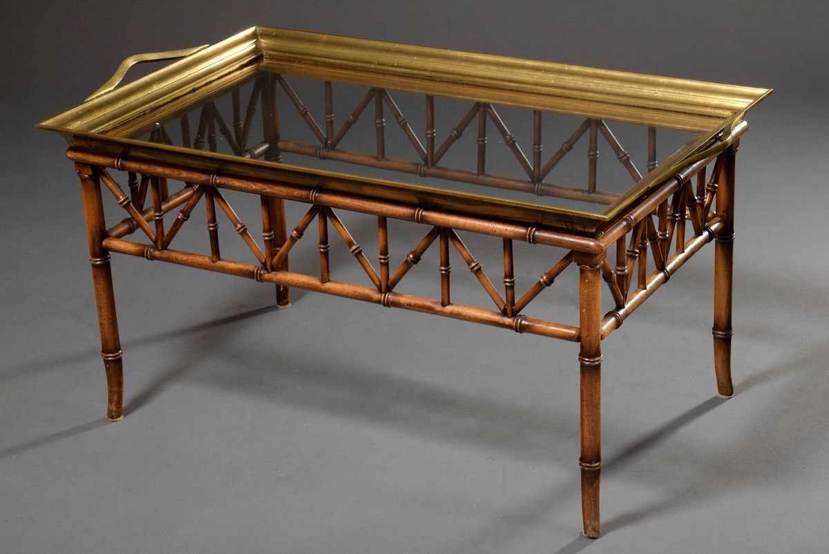 Modern sofa table with bamboo frame and brass glass tray, 49x95x55cm