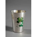 Small "lucky cup" with enamel cloverleaf, silver 800, 27g, h. 4,5cm, small defects