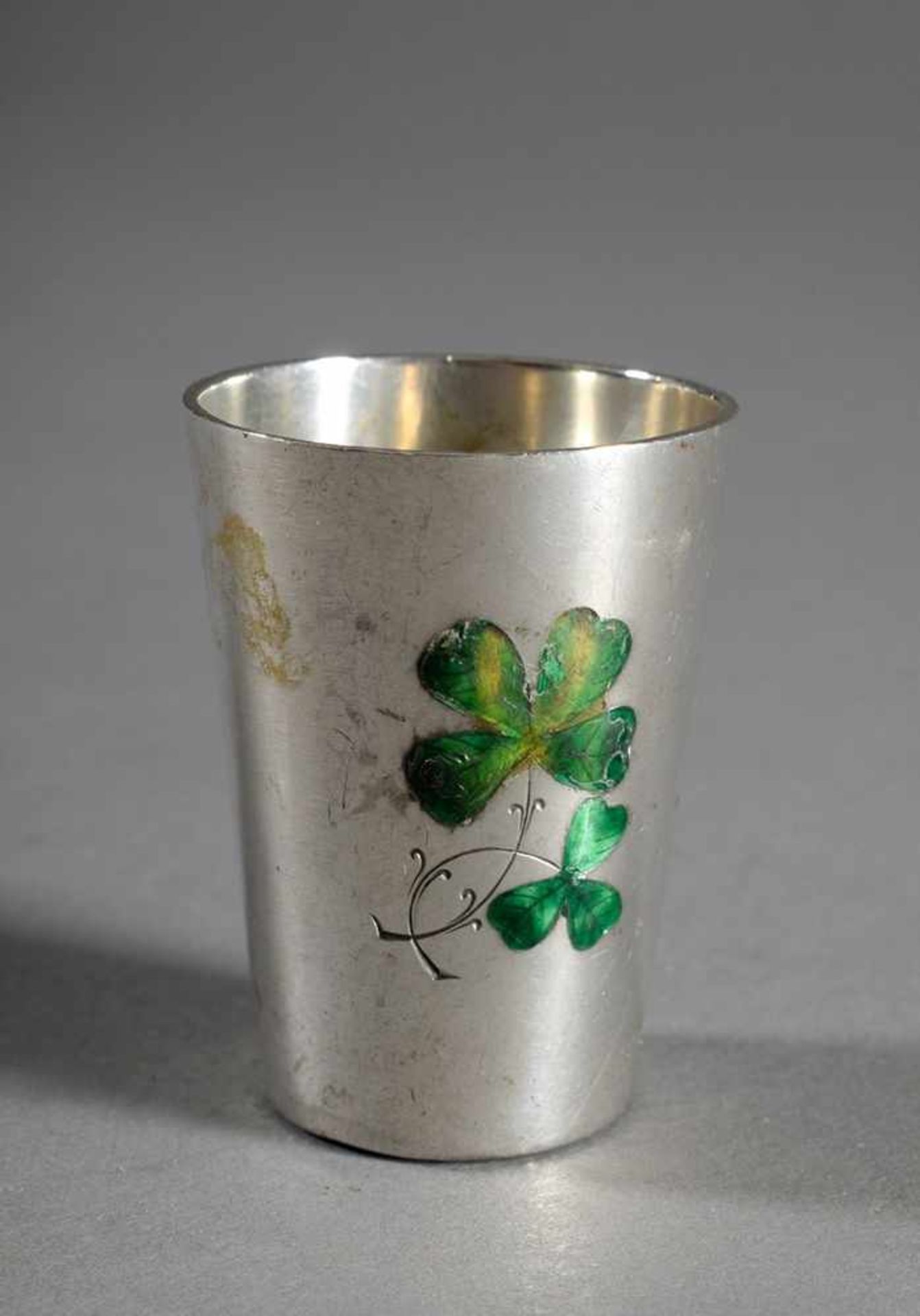 Small "lucky cup" with enamel cloverleaf, silver 800, 27g, h. 4,5cm, small defects