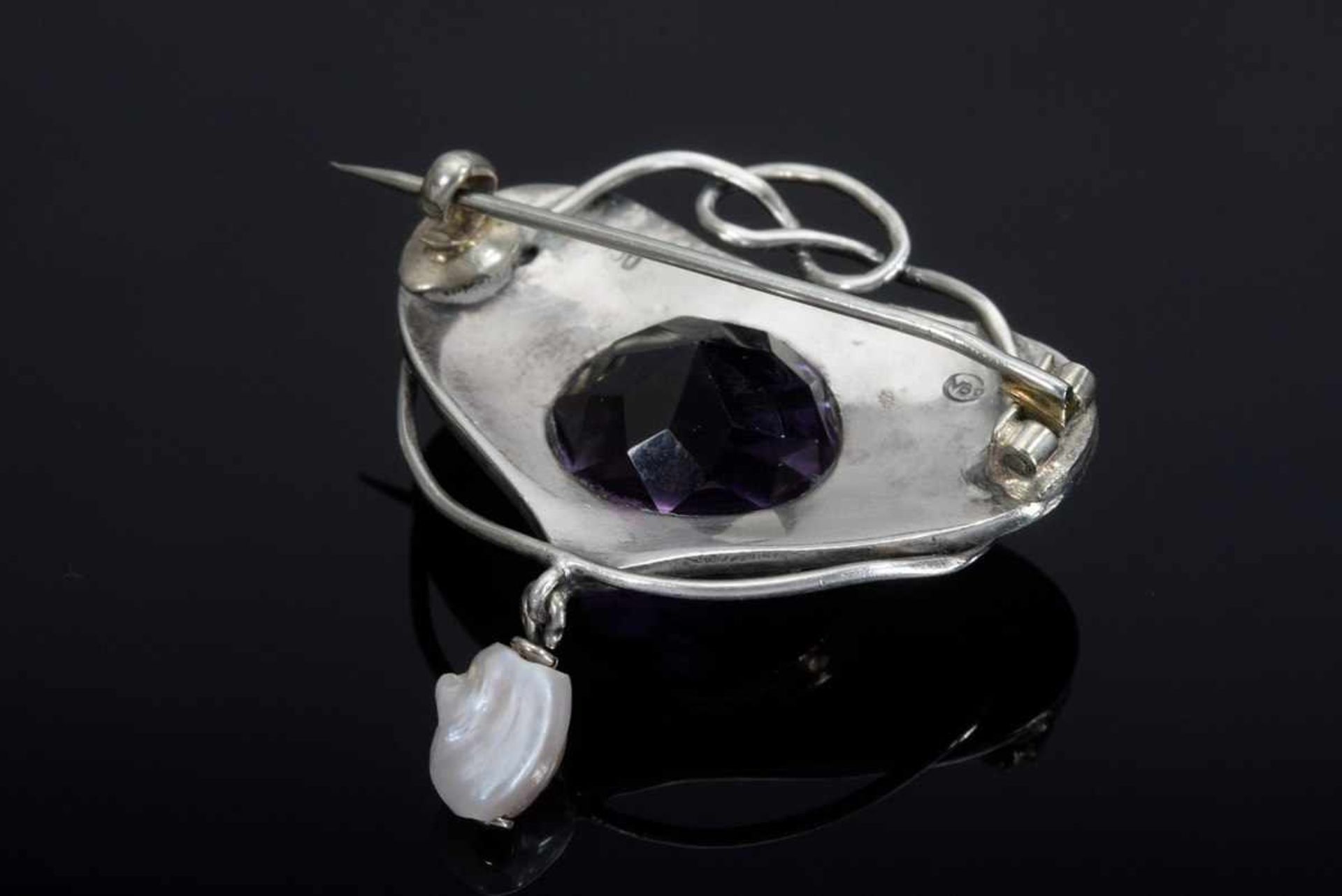 "Arts & Crafts" silver 950/ RG 585 needle with faceted amethyst (ca. 8,11ct) and river pearl, Murrel - Bild 3 aus 3