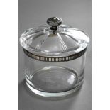 Round french crystal lid box with grooved silver 950 mounting, MM: JG, H. 14cm, Ø 12cm<