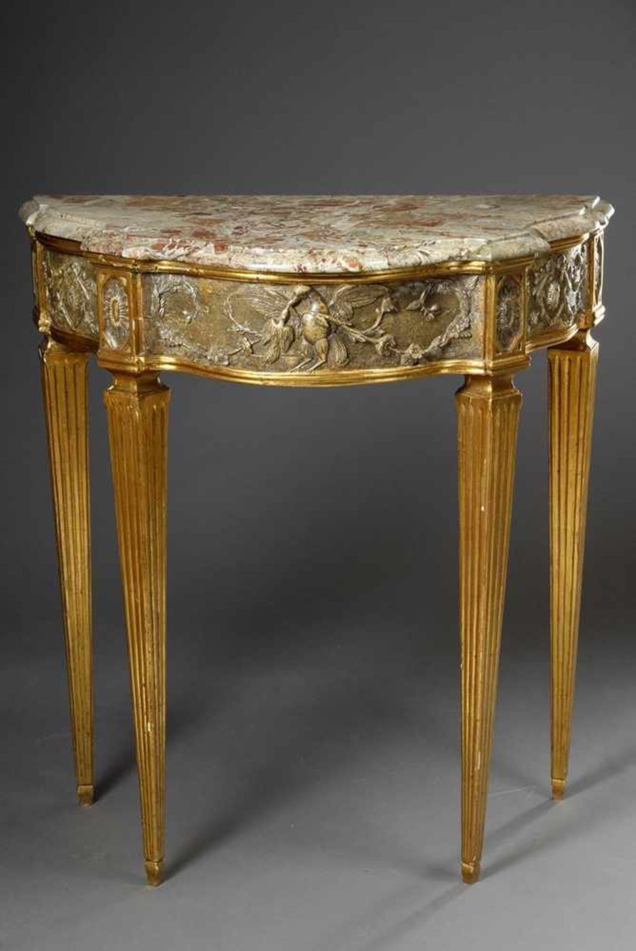 Courtly Louis XVI console on pointed legs with floral and ornamental relief carving "Birds" in the