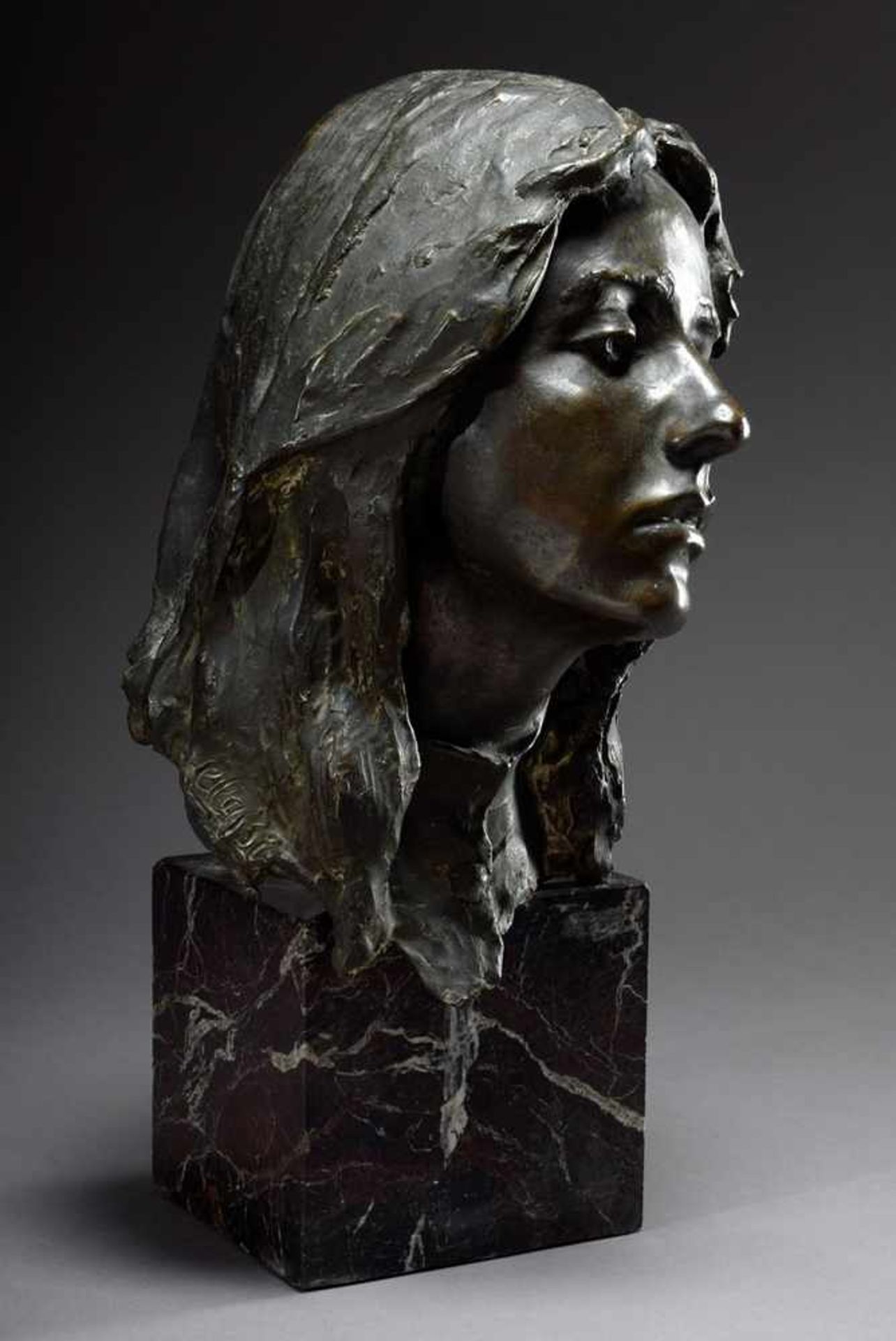 Cassi, Enrico (1863-1913) "Head of a young woman" 1895, bronze on marble base, cast: G. Strada/C.