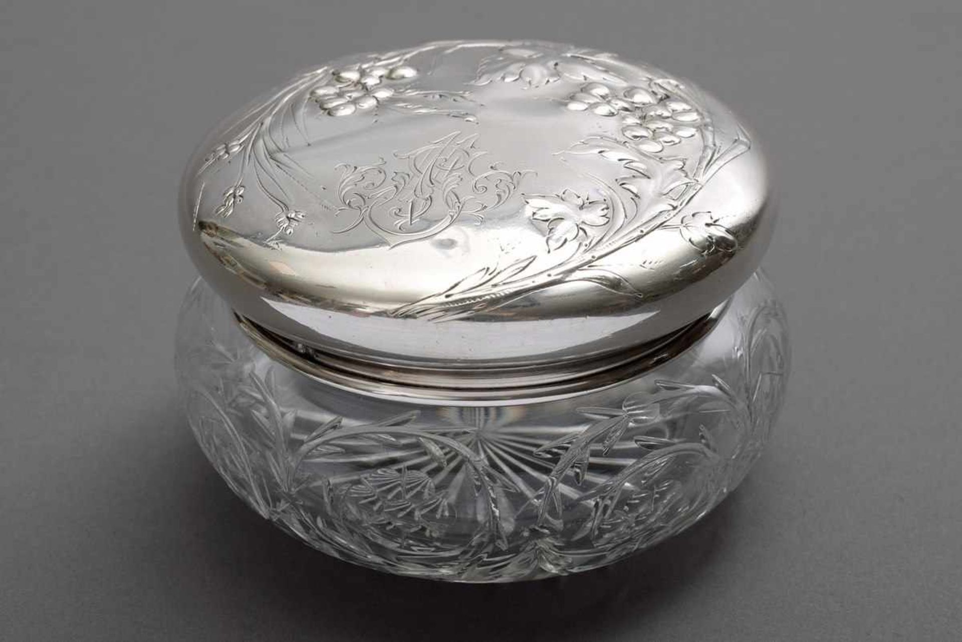 Round french necessaire box with silver 950 mount and monogram "MS" and floral cut glass body, MZ: