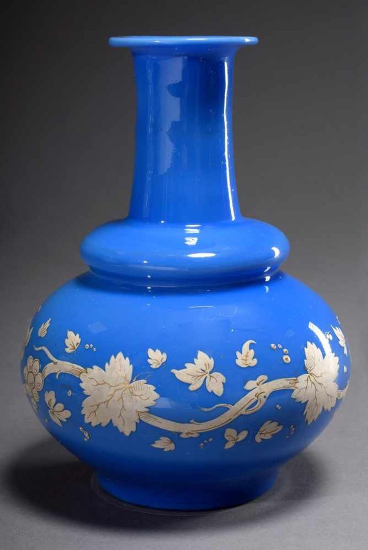 Blue milk glass vase with gold decorated vine leaves frieze, 19th century, h. 20cm, slightly