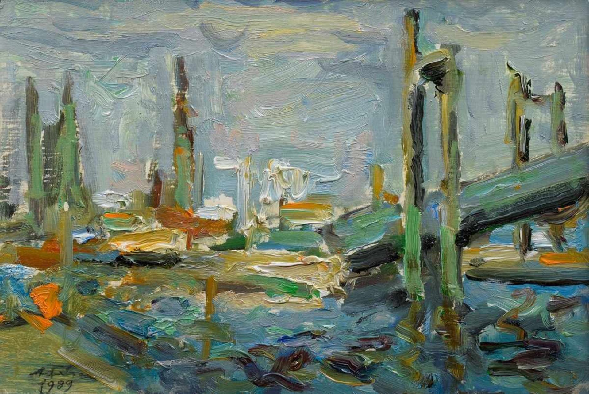 Feser, Albert (1901-1993) "Landungsbrücken", 1989, oil/plate, signed l.l., 34,5x44cm (w.f. 42,