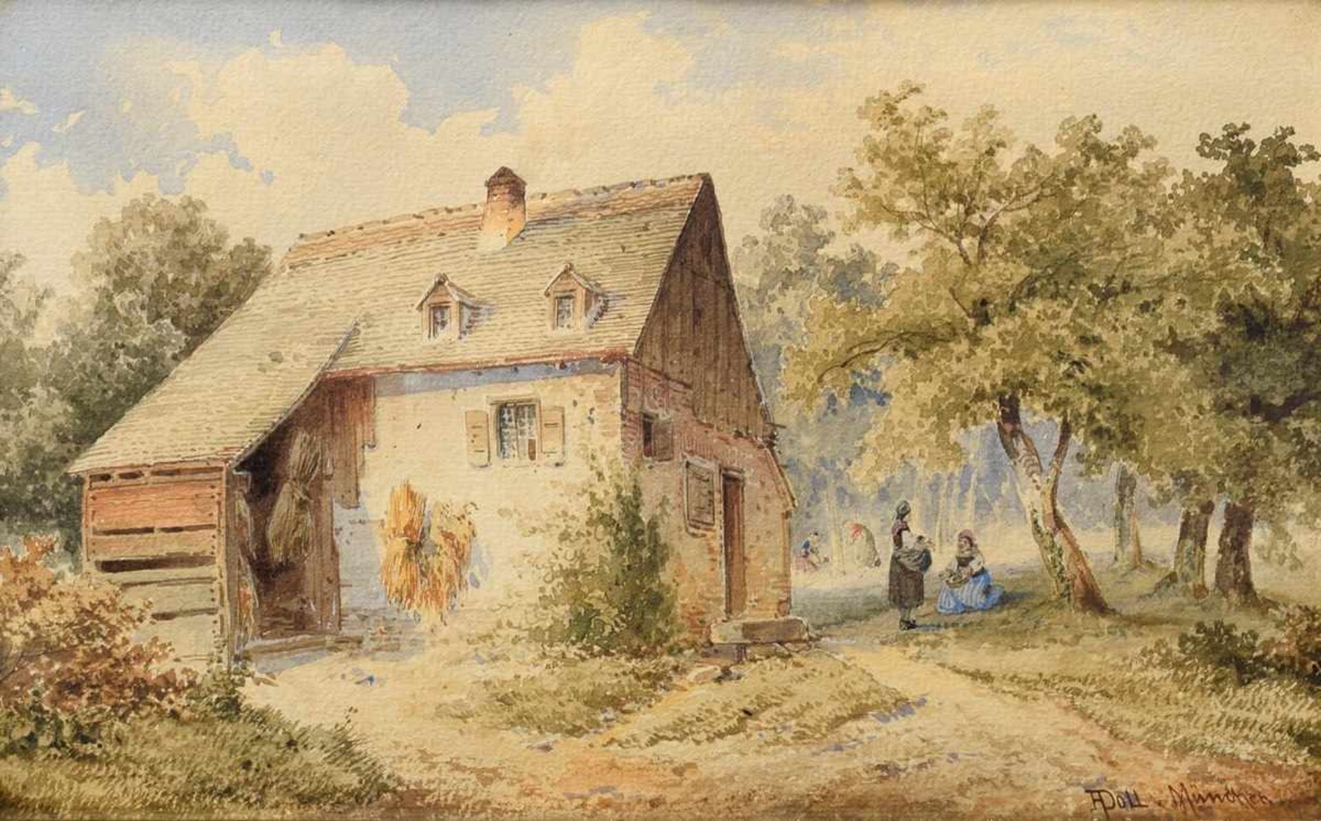 Doll, Anton (1826-1887) "Rural genre", watercolour, signed on the right, 16,5x30cm (w.f. 33x42cm)