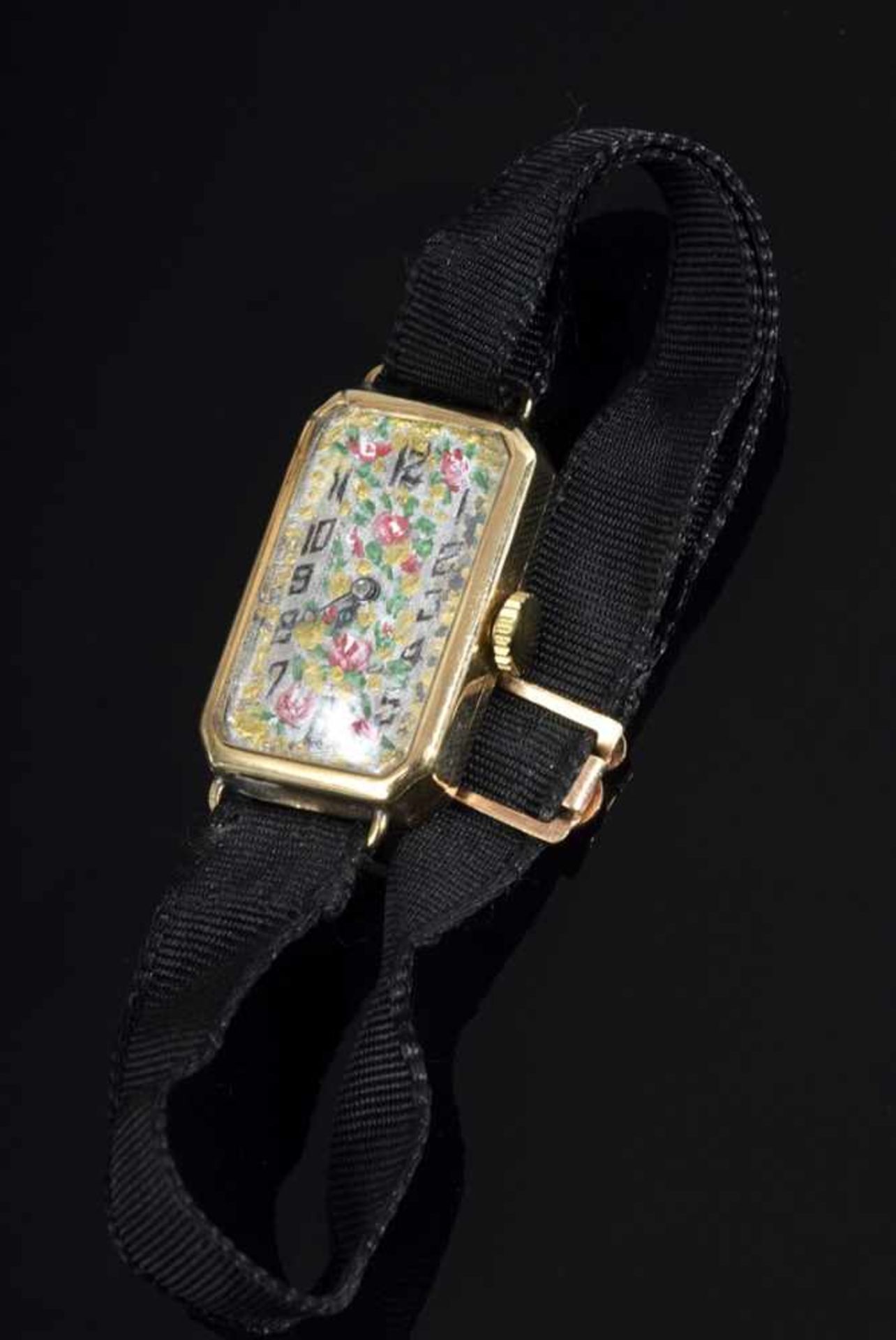 Art Deco RG 375 ladies' watch with floral painted silver dial, black ribbed strap and gold-plated