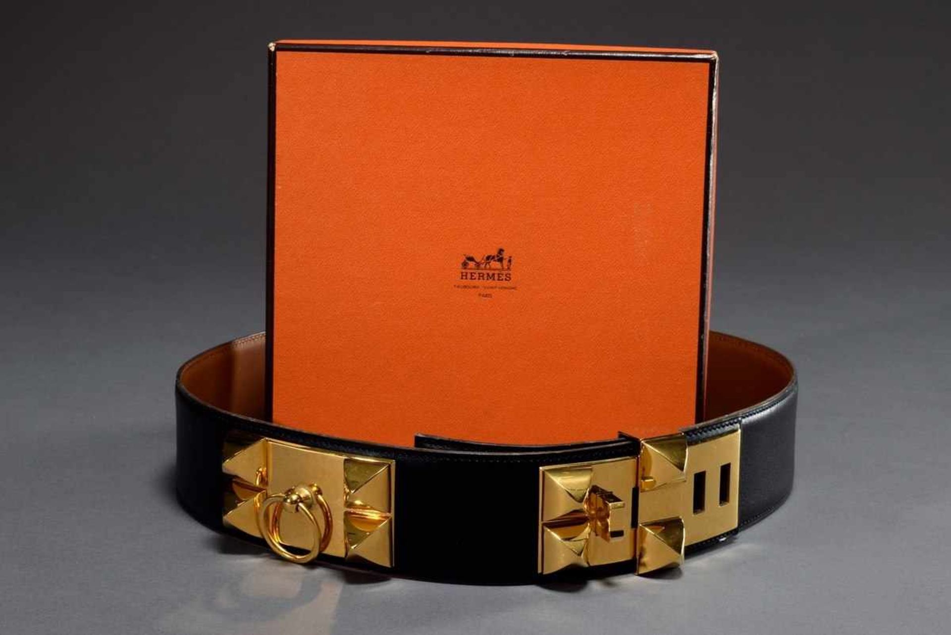 Hermès "Collier de Chien"-Gürtel mit vergoldeten Details, schwarz, 1993, L. 80cm, B. 5cm, original - Bild 2 aus 5