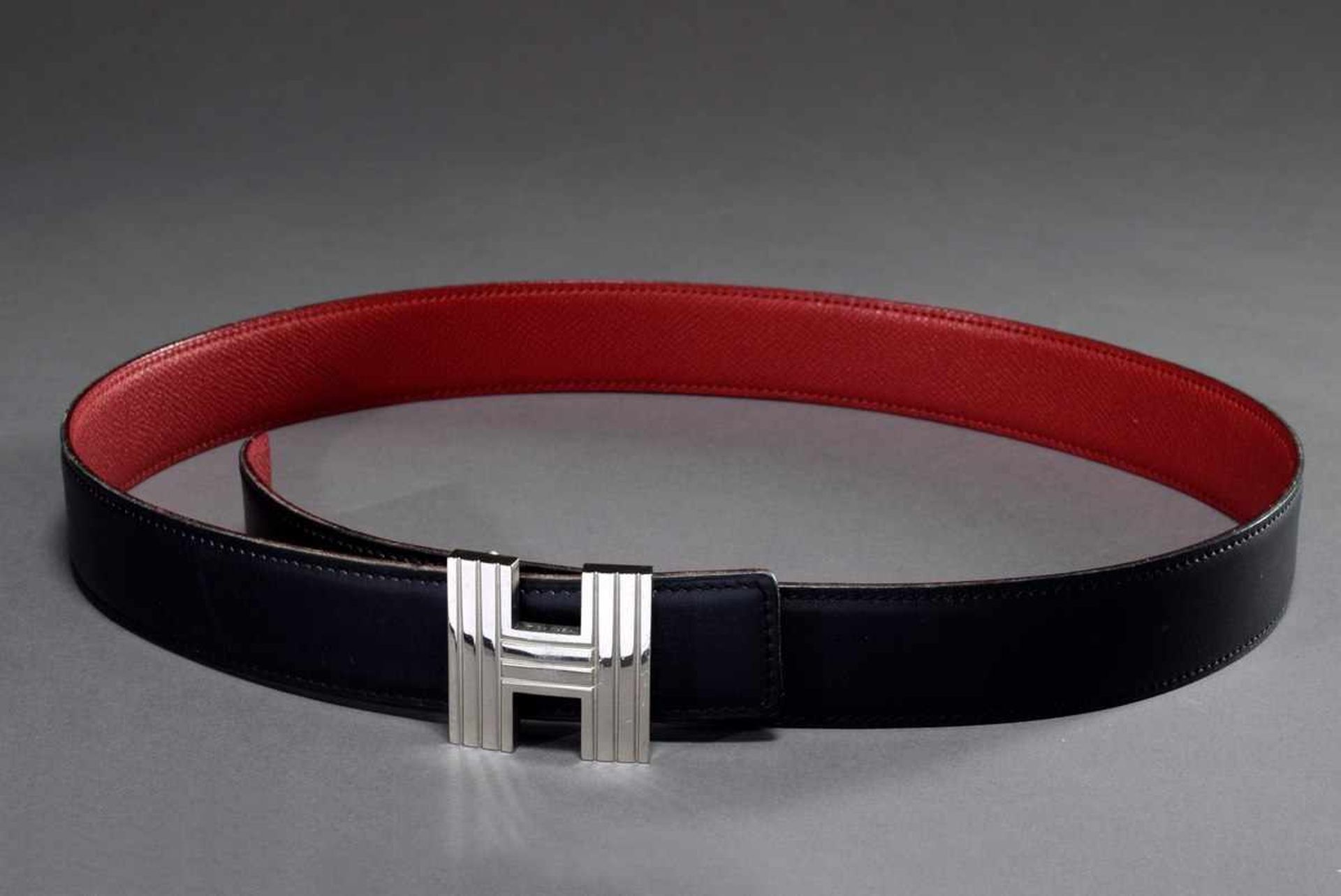 Hermès "Constance" reversible belt with silver "H" buckle, red/dark blue, 2000, l. 85cm, w. 3cm,