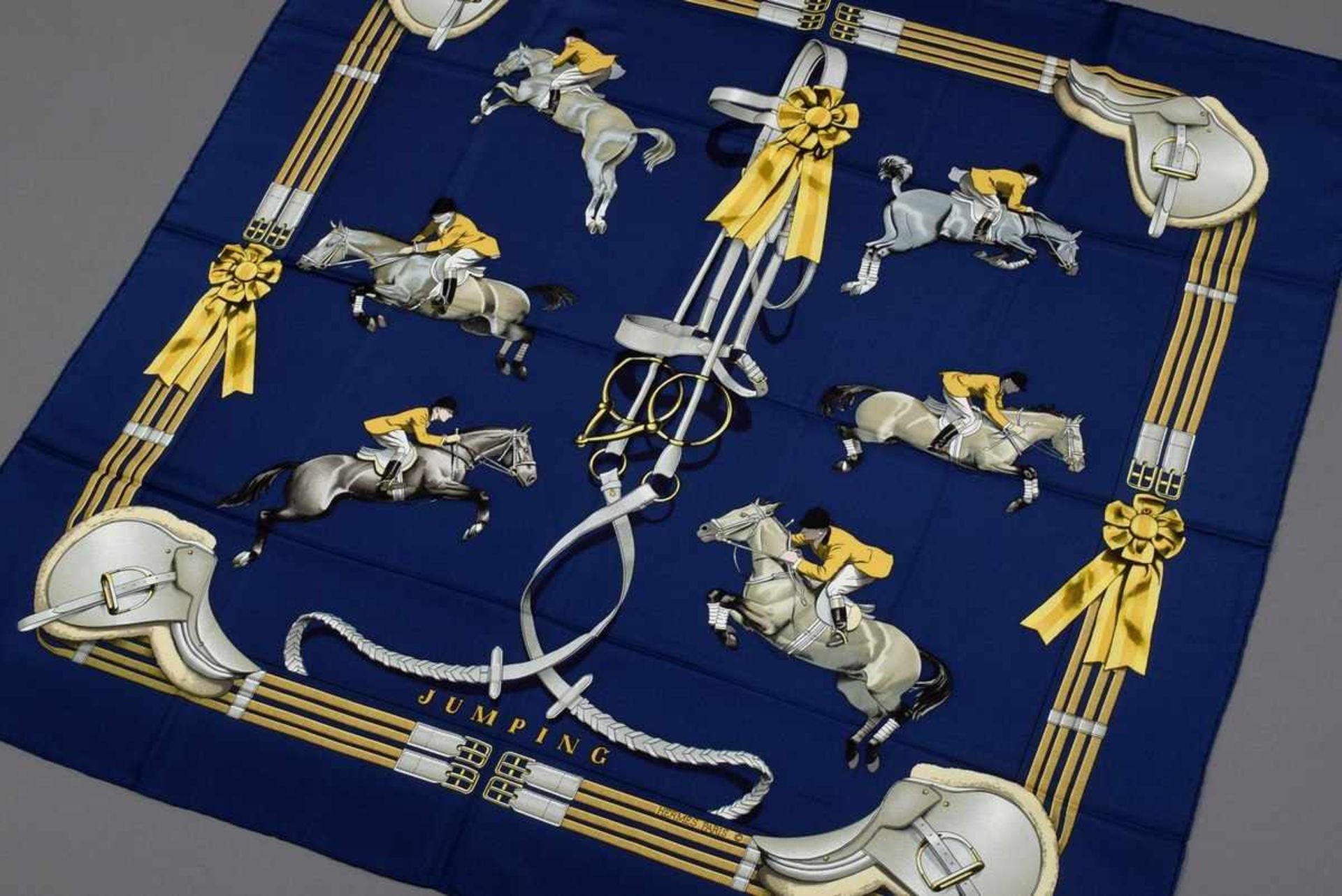 Hermès Carré "Jumping" dark blue/yellow, design: Philippe Ledoux 1971, silk, 90x90cmHermès Carré "