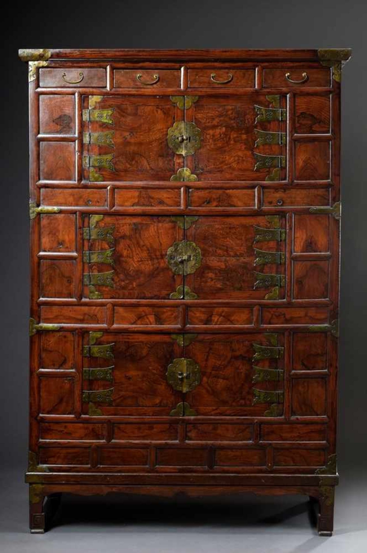 Large Korean "Rice Chest" with three double doors and 4 drawers, walnut with decorative brass