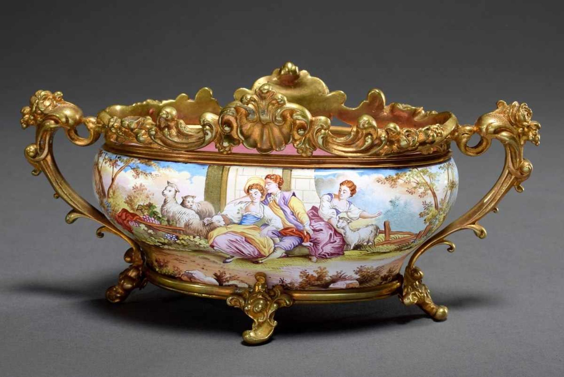 Small metal jardiniere with polychrome enamel painting "Shepherd scene in landscape" and gilded