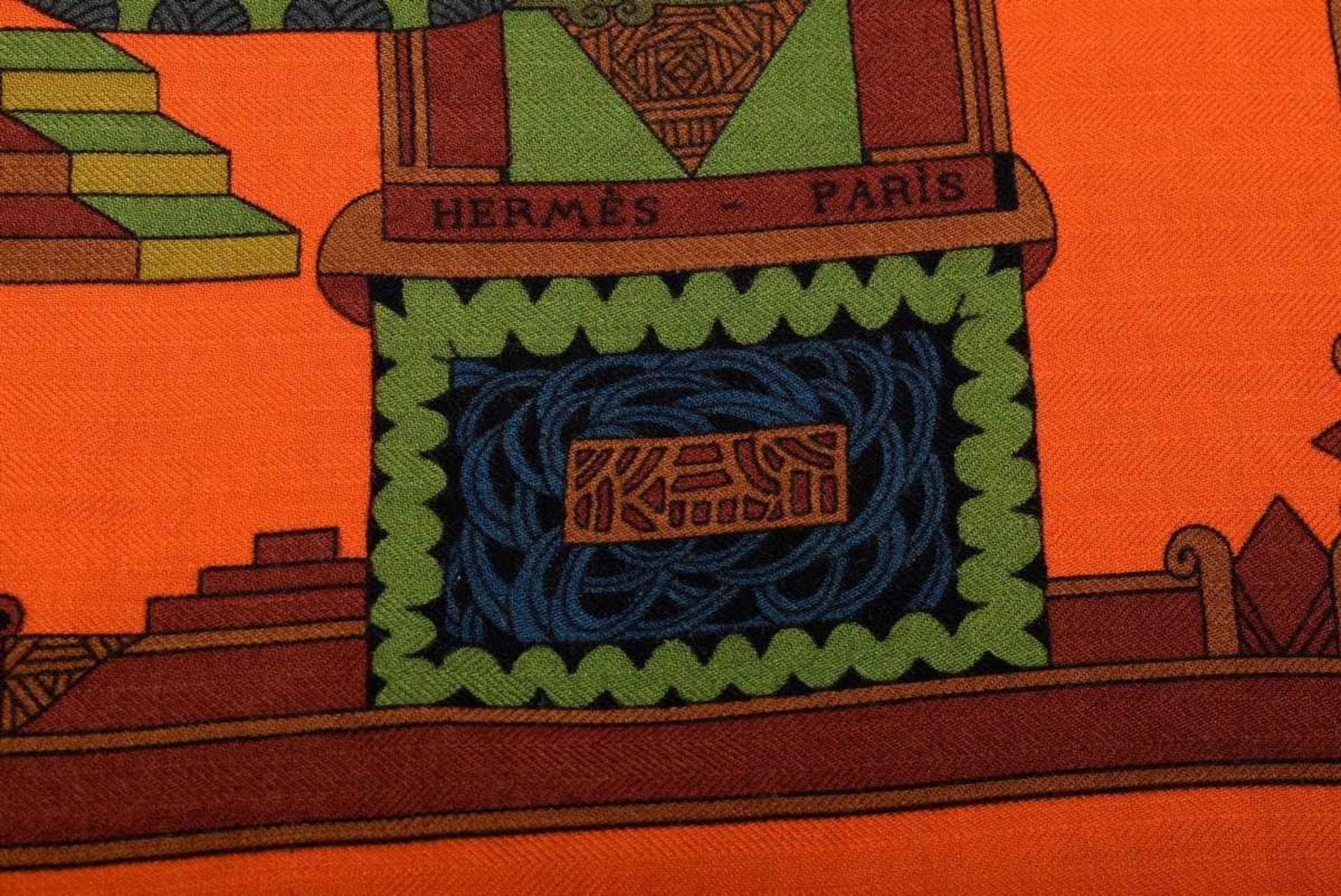 Hermès scarf "Astres et soleils" orange/olive, design: Annie Faivre 1994, cashmere/silk, - Bild 4 aus 5