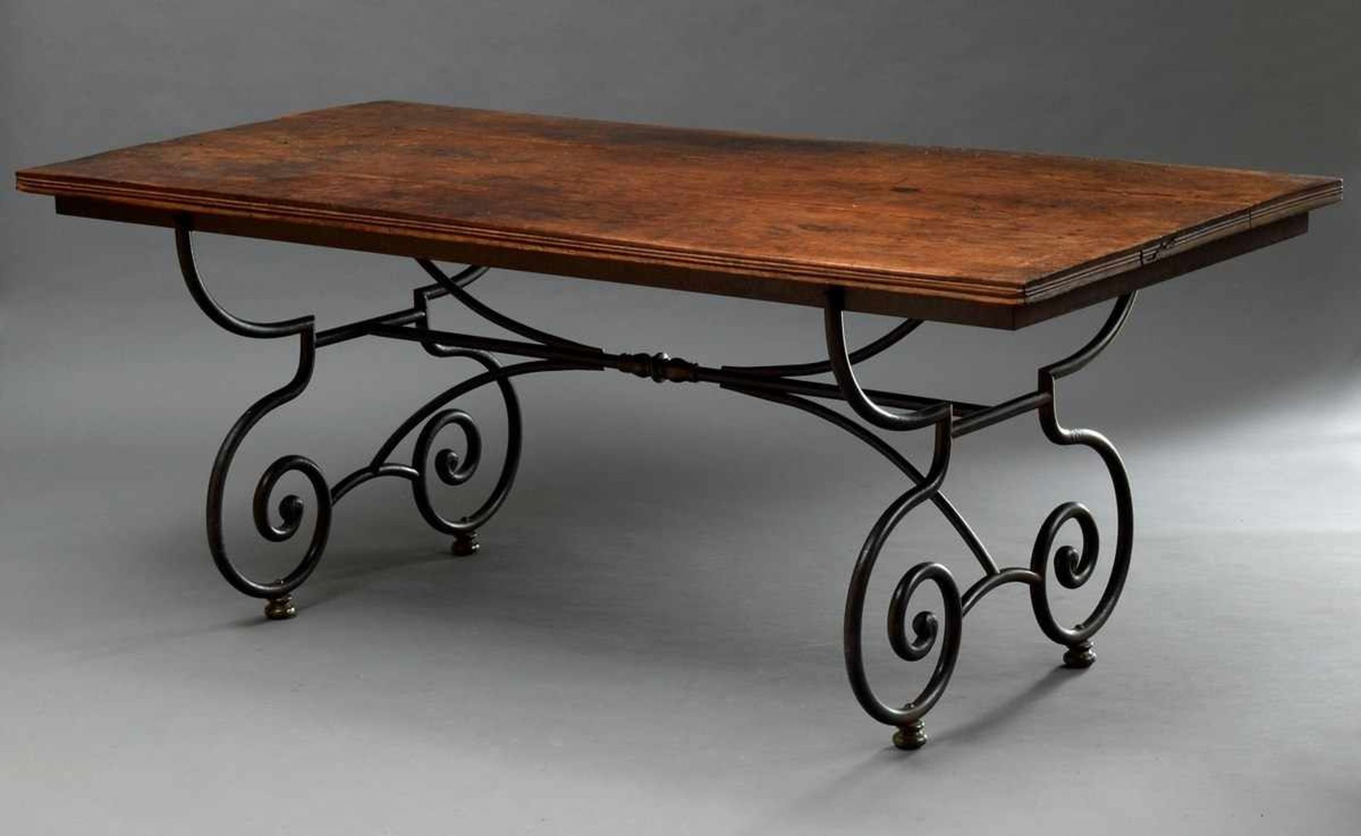 Large french shop table on forged iron frame, 75.5x189x91.5cm, acquired from Hans Otto Beute/Hbg.