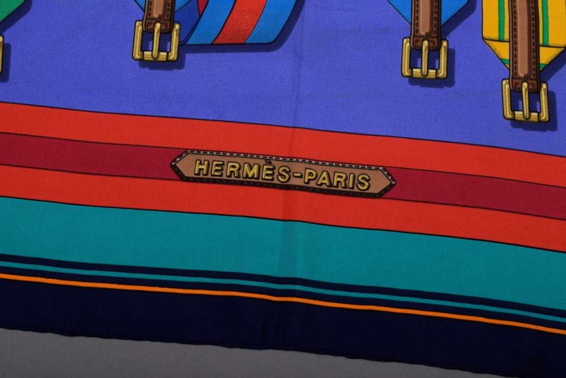 Hermès Carré "Sangles" blue/dark blue/coloured, designed by Joachim Metz 1985, silk, 90x90cmHermès - Bild 3 aus 5