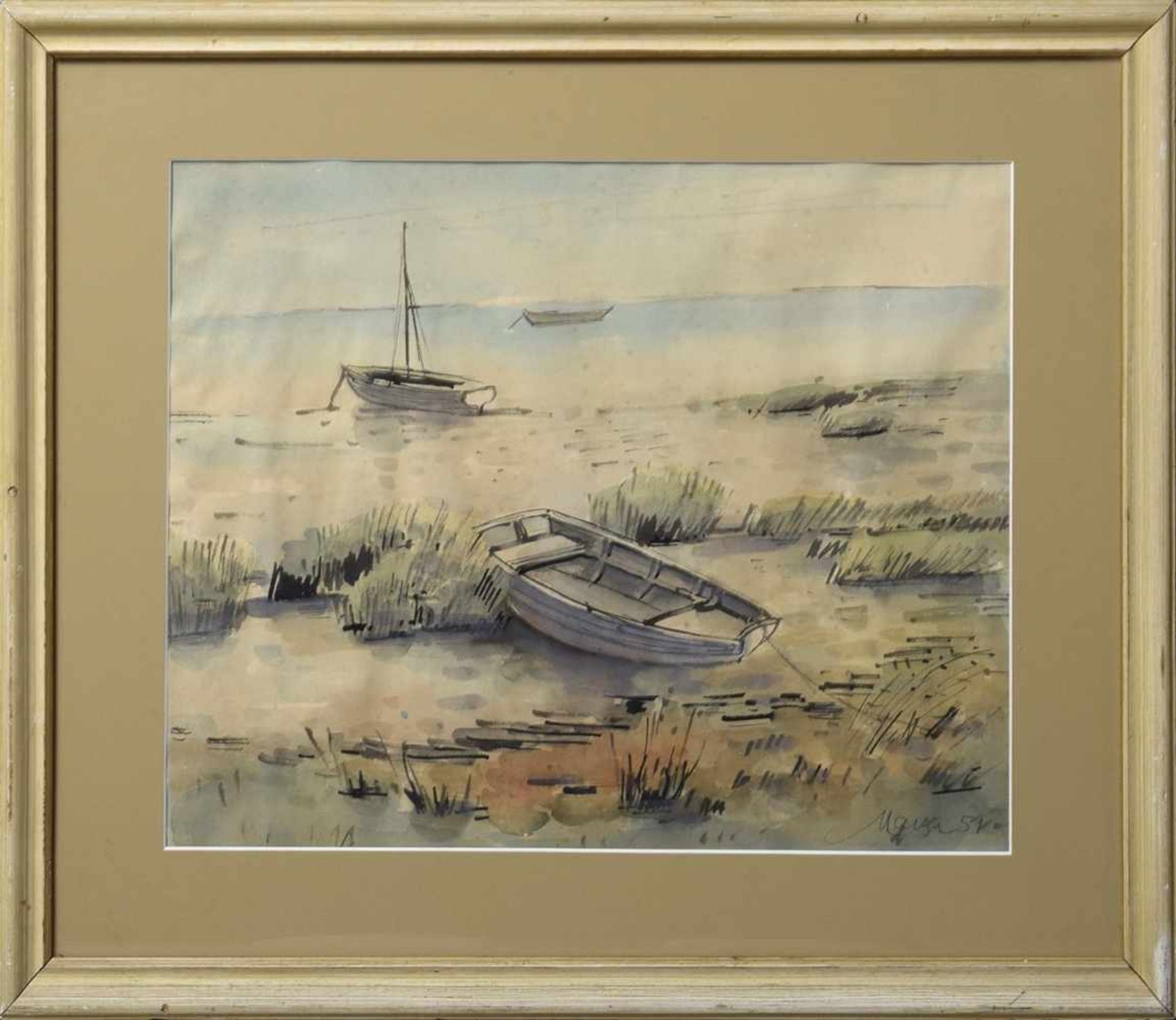 Maetzel, Emil (1877-1955) "Boote am Strand" 1951, watercolor, b.r. sign./dat., 38x51cm (w.f. 56x70, - Bild 2 aus 3