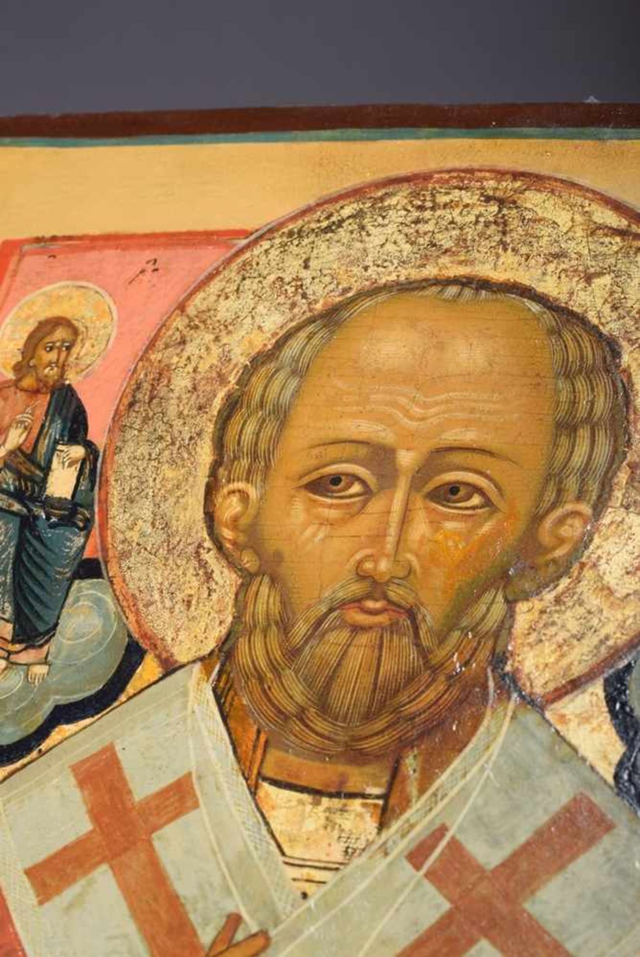 Russian icon "Saint Nicholas flanked by Christ and Mary" in light-coloured frame, egg tempera/ - Bild 9 aus 9